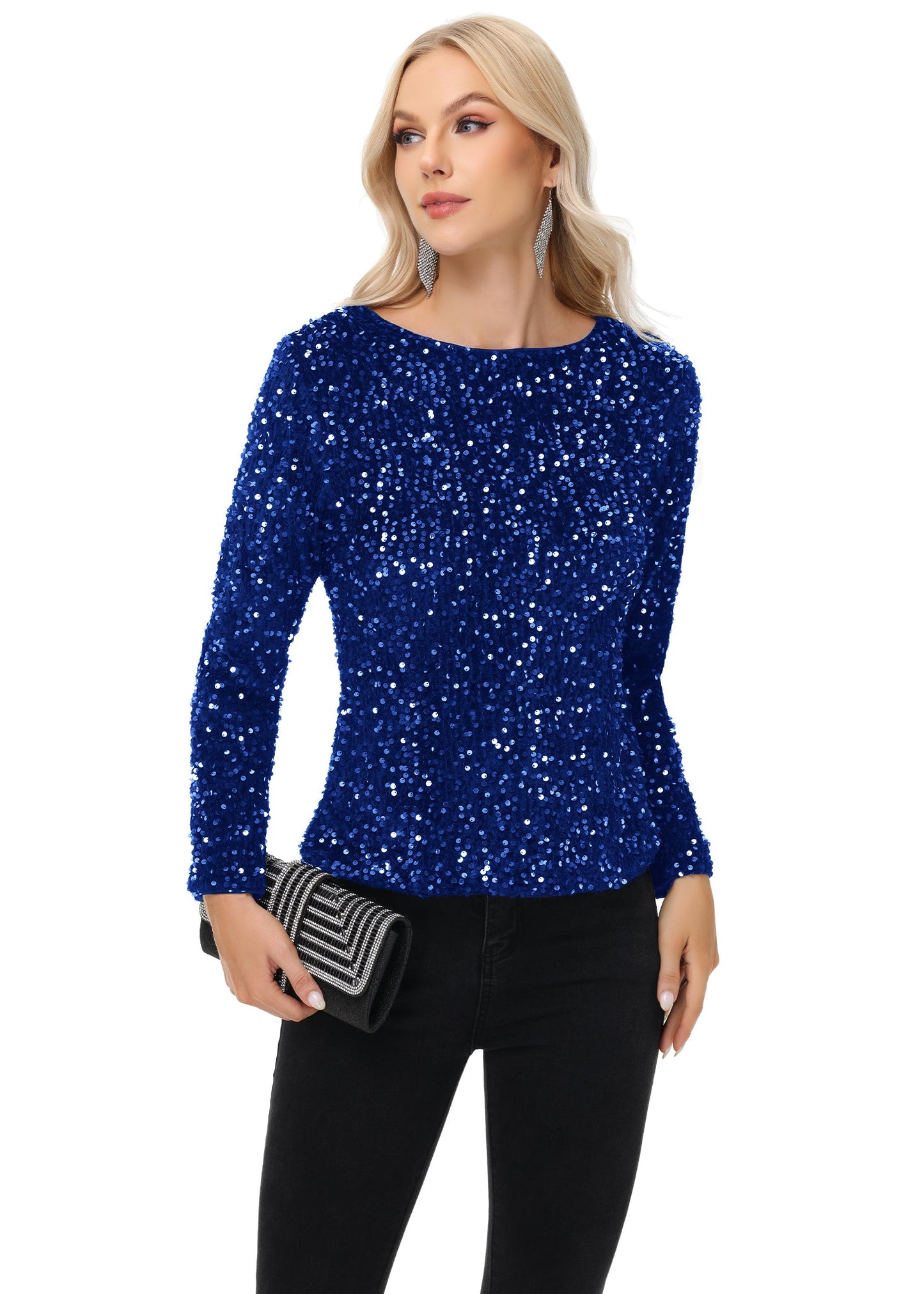 Anna-Kaci Women's Sequin Tops Sparkly Long Sleeve Glitter Evening Party Concert Shirt Blouse