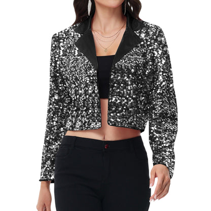 Sequin Cropped Blazer Long Sleeve Sparkly Open Front Jacket