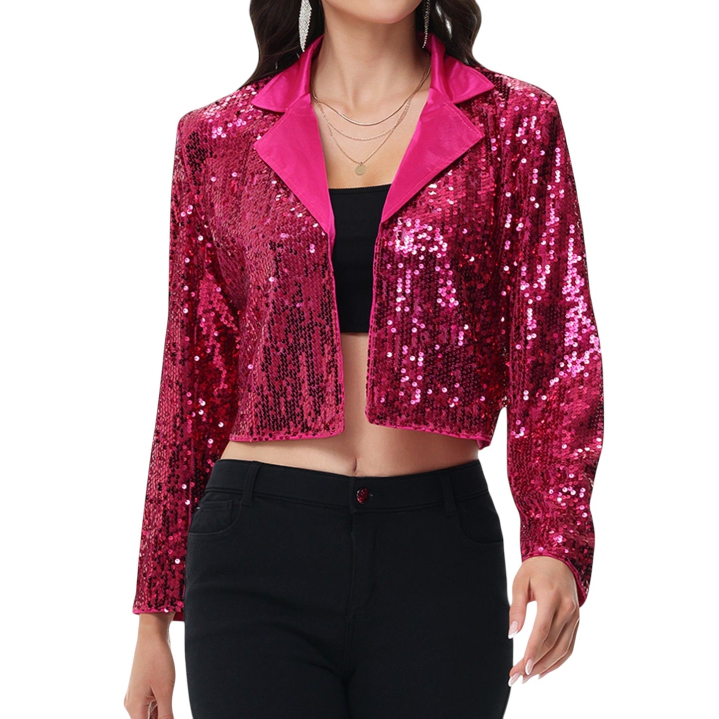 Sequin Cropped Blazer Long Sleeve Sparkly Open Front Jacket