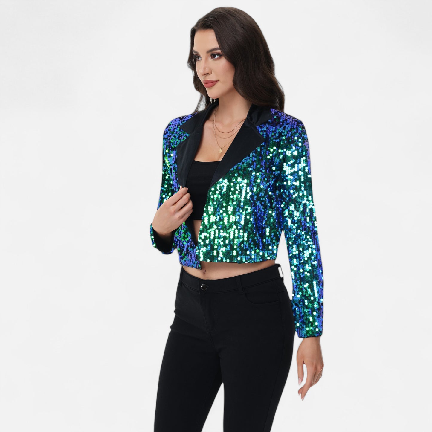 Sequin Cropped Blazer Long Sleeve Sparkly Open Front Jacket