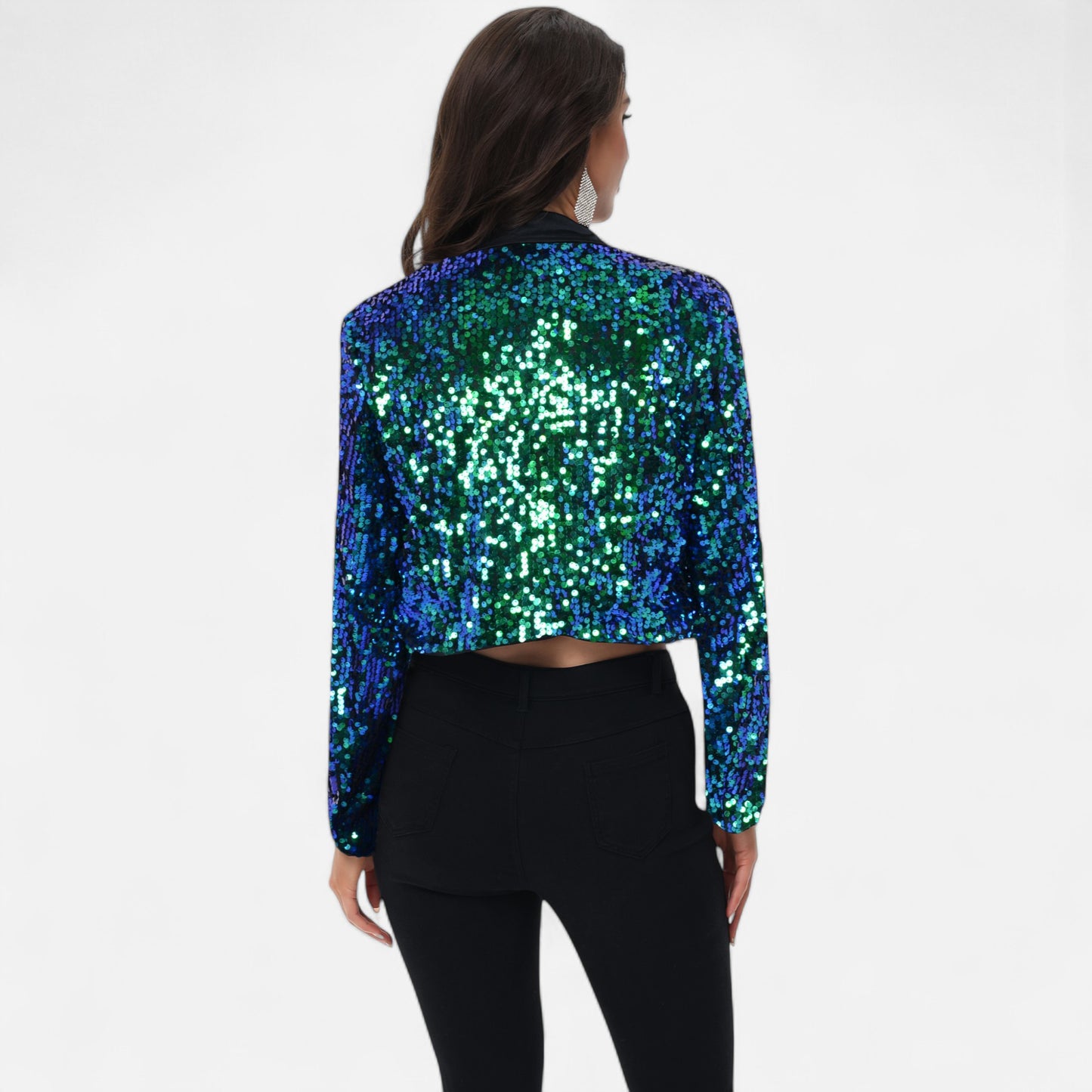 Sequin Cropped Blazer Long Sleeve Sparkly Open Front Jacket