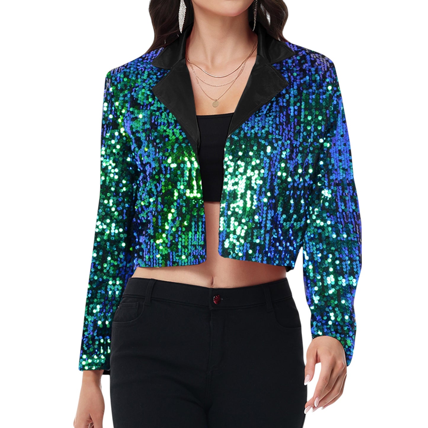 Sequin Cropped Blazer Long Sleeve Sparkly Open Front Jacket