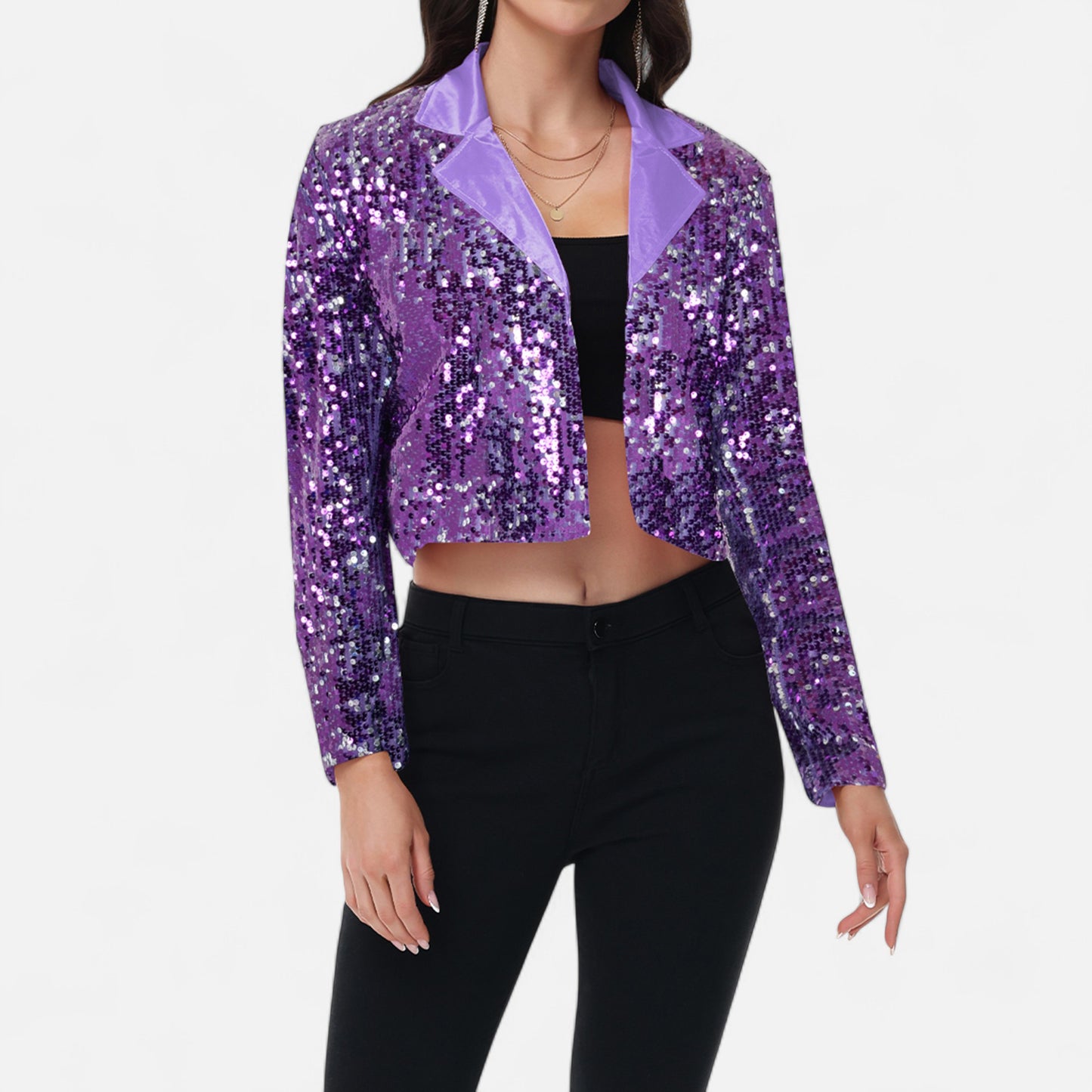 Sequin Cropped Blazer Long Sleeve Sparkly Open Front Jacket
