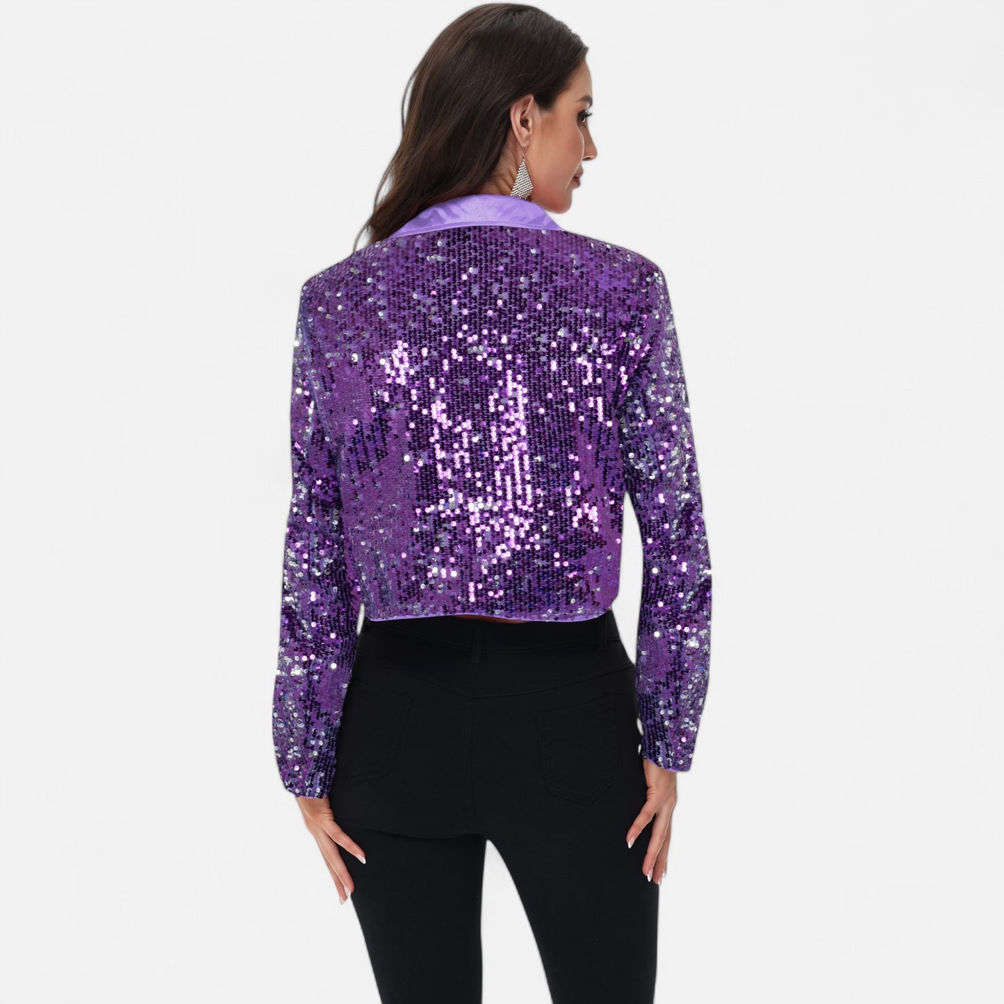 Sequin Cropped Blazer Long Sleeve Sparkly Open Front Jacket
