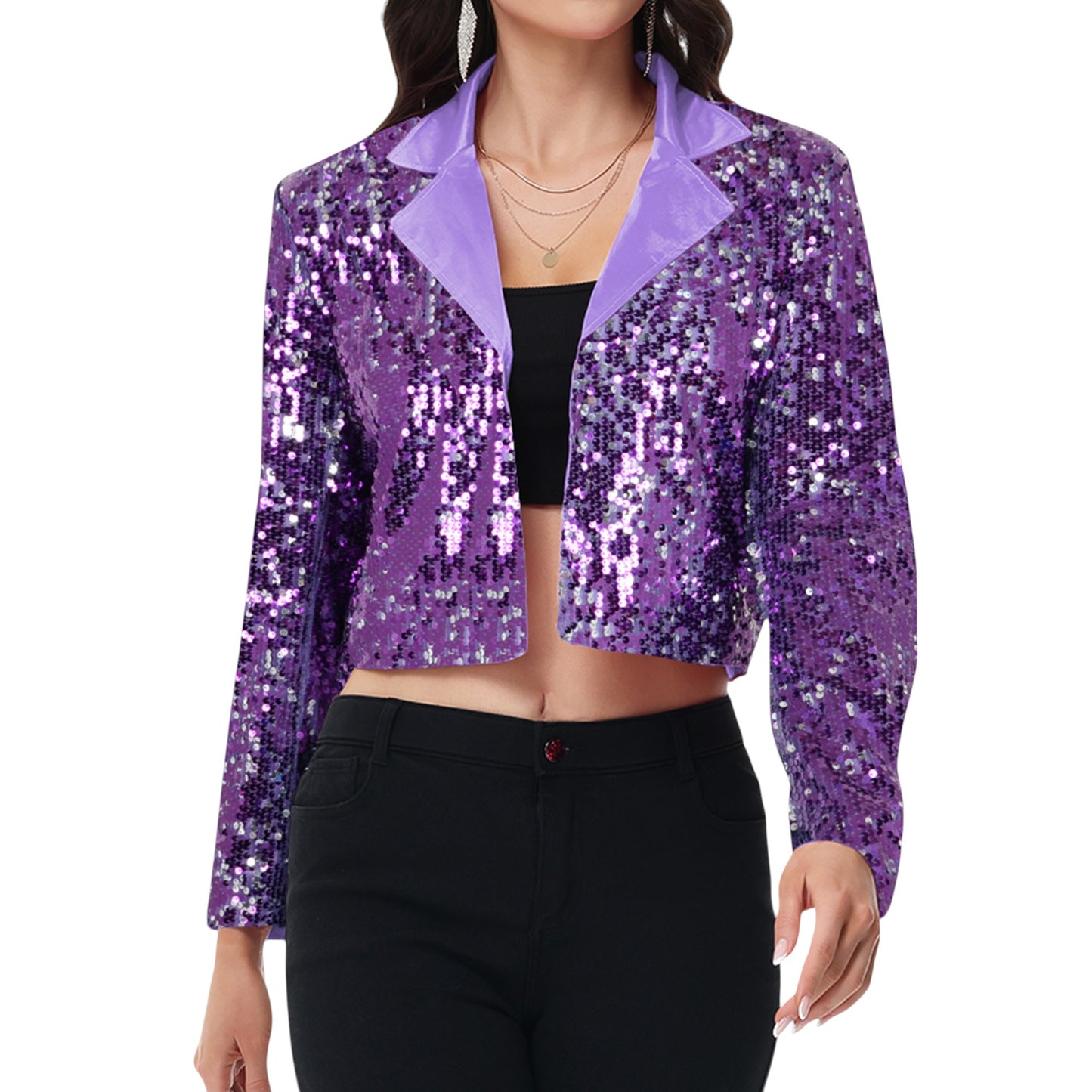 Sequin Cropped Blazer Long Sleeve Sparkly Open Front Jacket