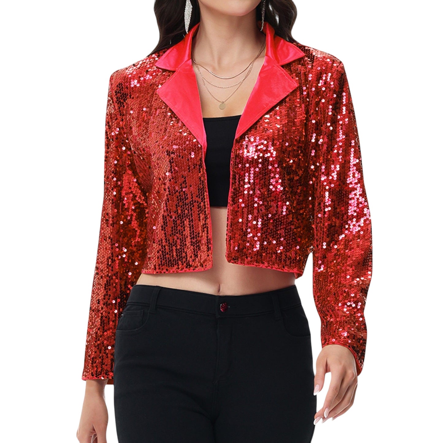 Sequin Cropped Blazer Long Sleeve Sparkly Open Front Jacket
