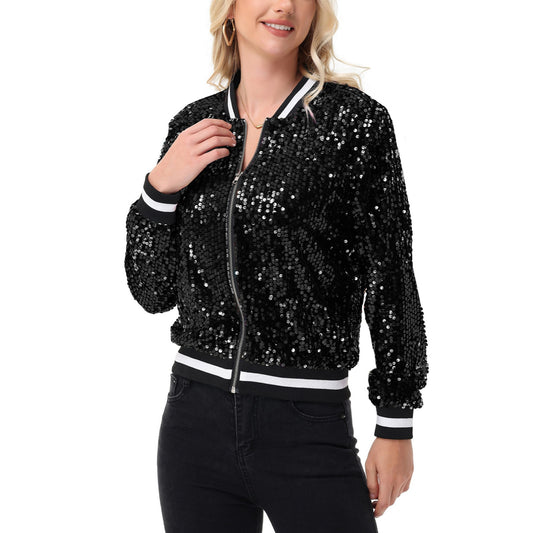 Sequin Bomber Jacket with Ribbed Trim and Front Zipper Closure