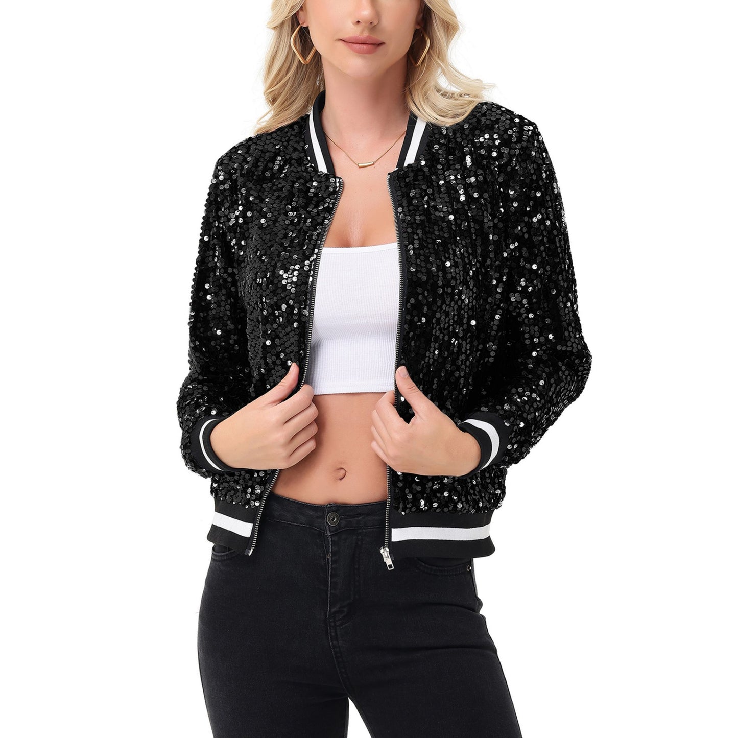 Sequin Bomber Jacket with Ribbed Trim and Front Zipper Closure
