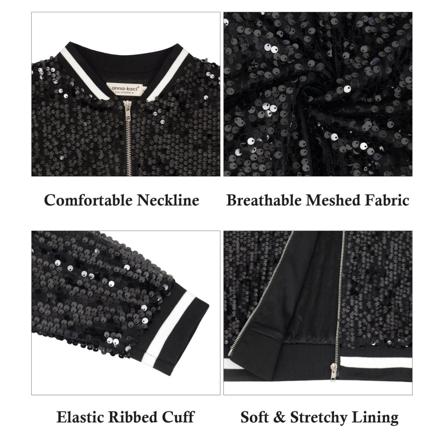Sequin Bomber Jacket with Ribbed Trim and Front Zipper Closure