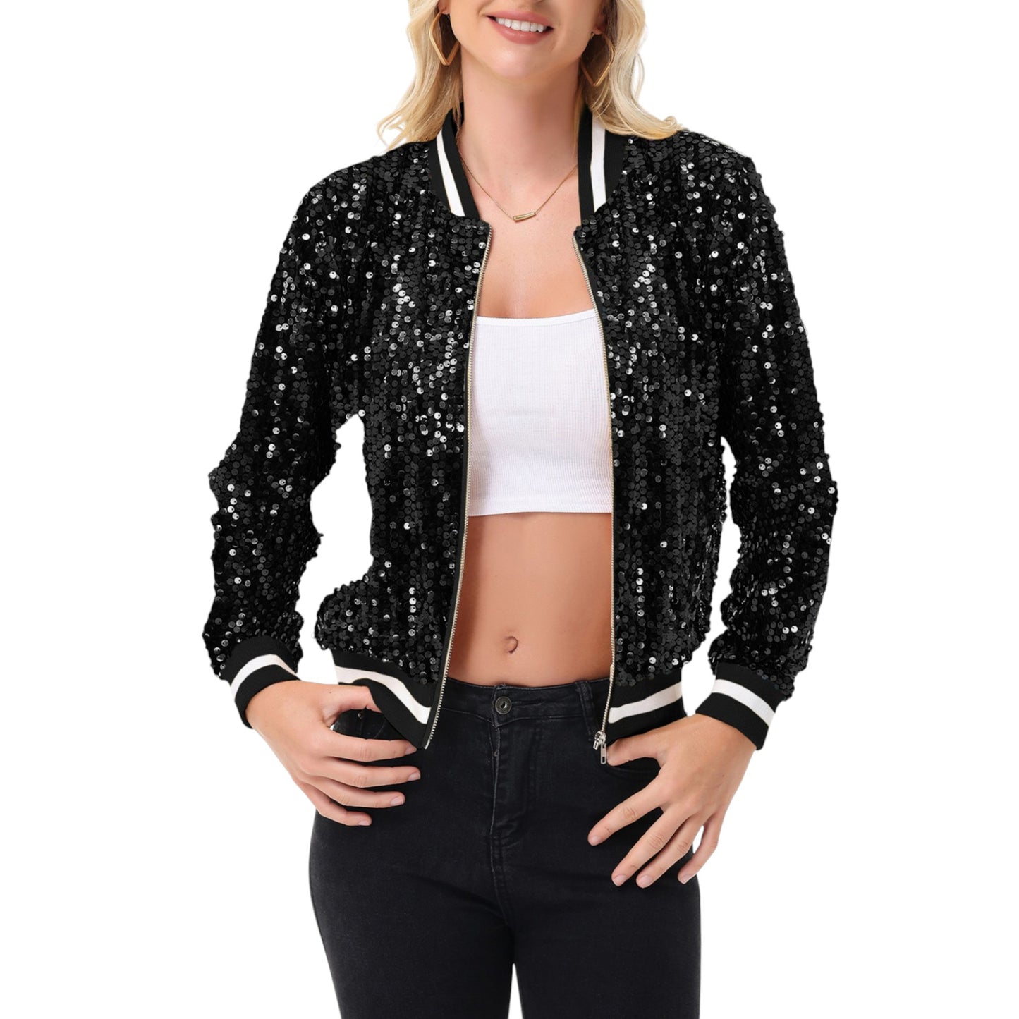 Sequin Bomber Jacket with Ribbed Trim and Front Zipper Closure