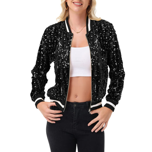 Sequin Bomber Jacket with Ribbed Trim and Front Zipper Closure