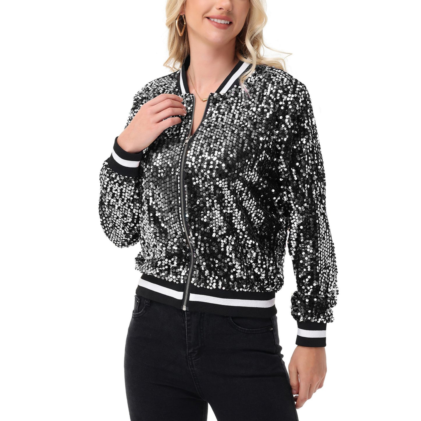 Sequin Bomber Jacket with Ribbed Trim and Front Zipper Closure