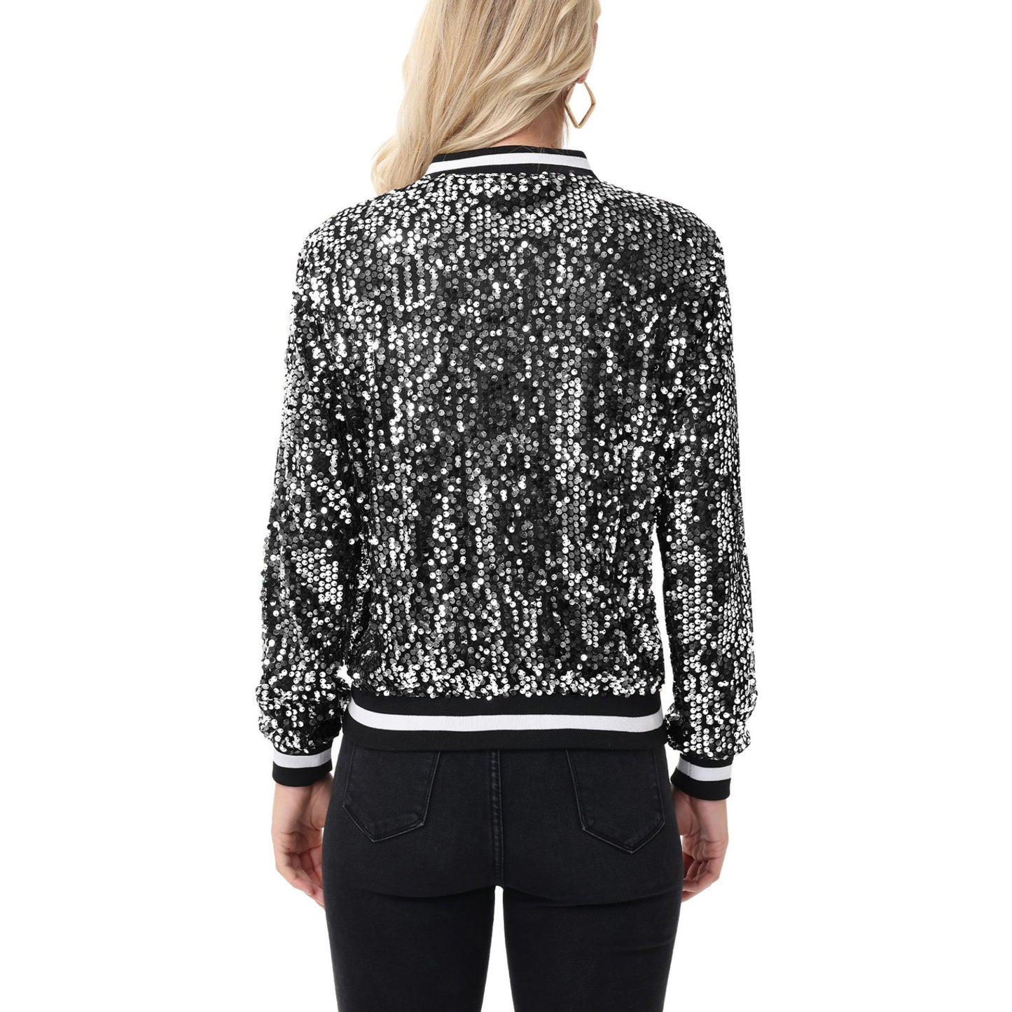 Sequin Bomber Jacket with Ribbed Trim and Front Zipper Closure