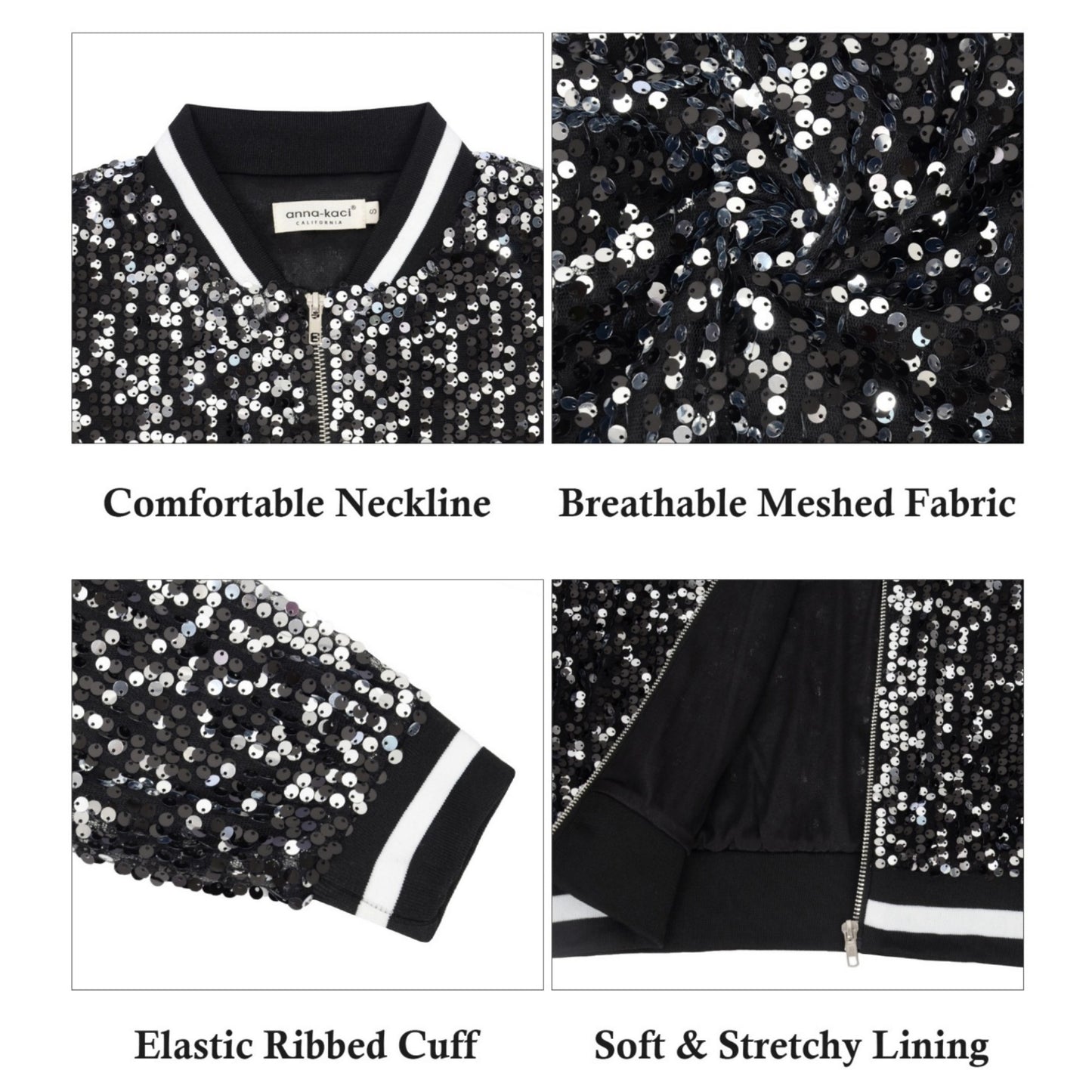 Sequin Bomber Jacket with Ribbed Trim and Front Zipper Closure