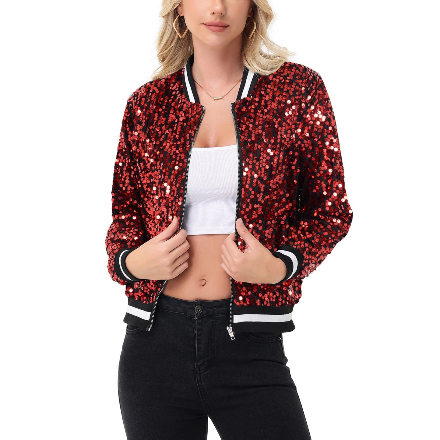 Sequin Bomber Jacket with Ribbed Trim and Front Zipper Closure