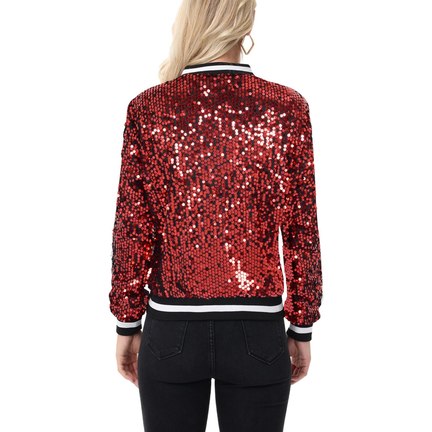 Sequin Bomber Jacket with Ribbed Trim and Front Zipper Closure