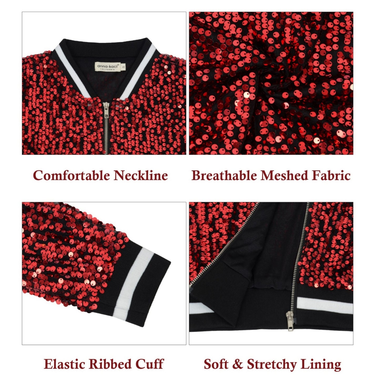 Sequin Bomber Jacket with Ribbed Trim and Front Zipper Closure