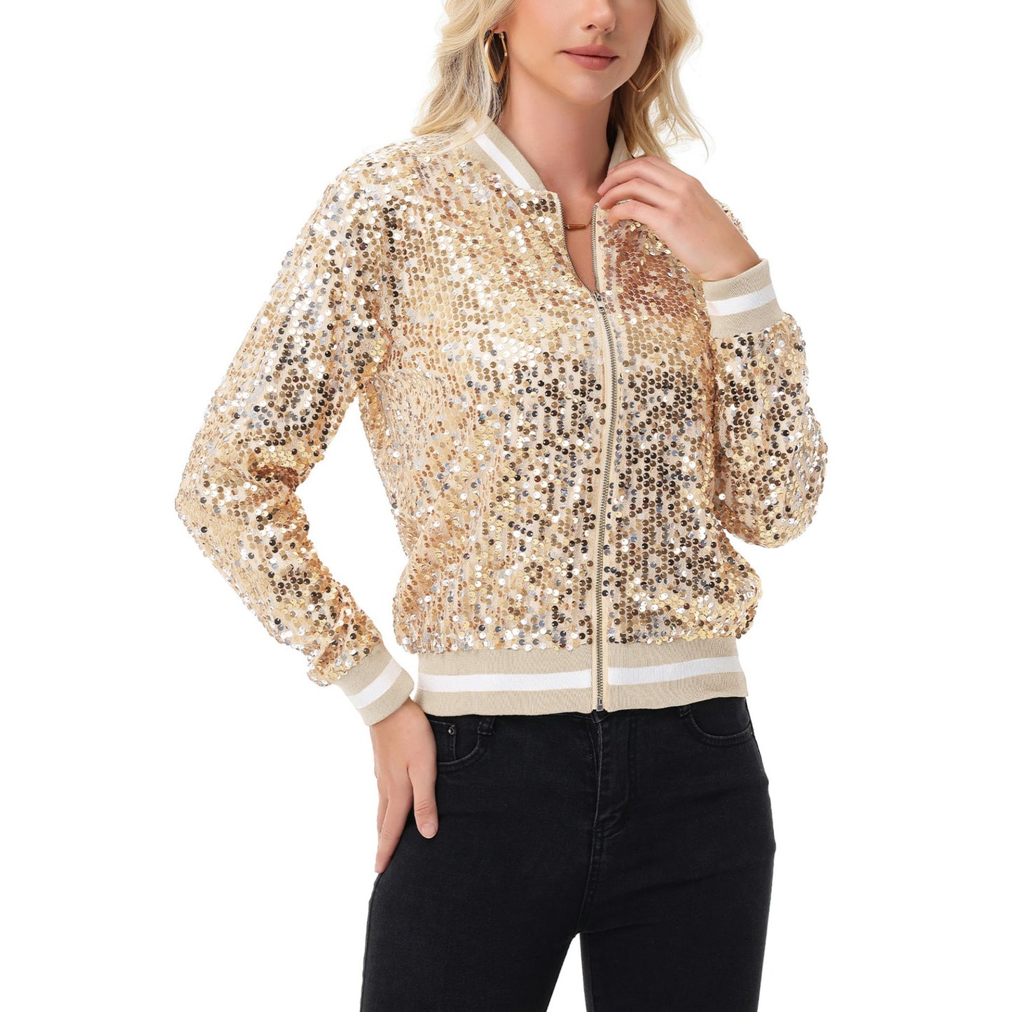 Sequin Bomber Jacket with Ribbed Trim and Front Zipper Closure