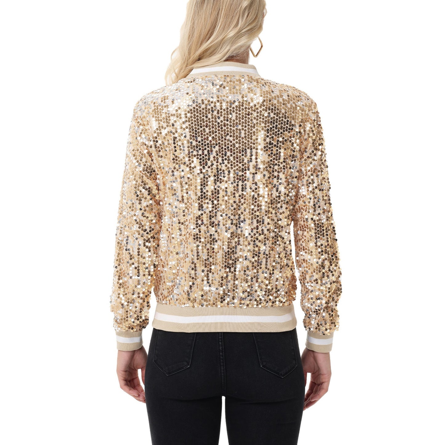 Sequin Bomber Jacket with Ribbed Trim and Front Zipper Closure