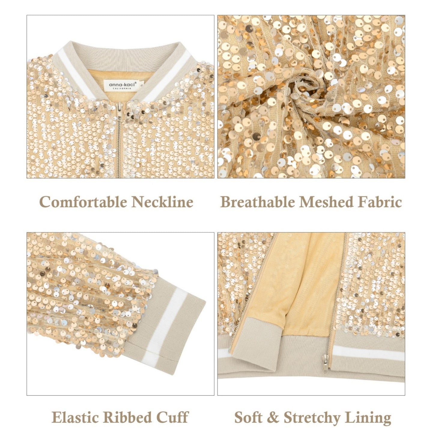 Sequin Bomber Jacket with Ribbed Trim and Front Zipper Closure