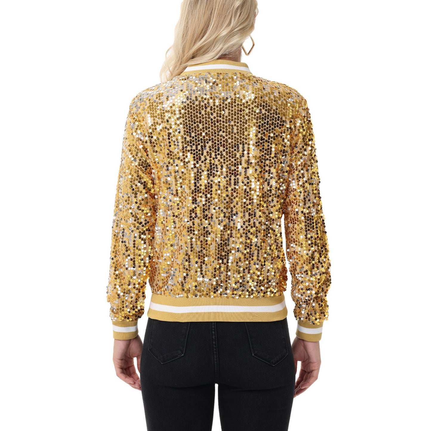Sequin Bomber Jacket with Ribbed Trim and Front Zipper Closure