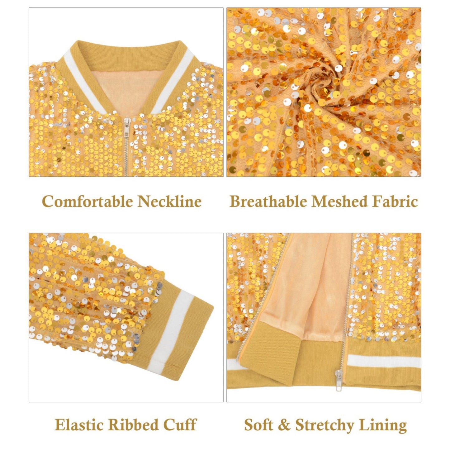 Sequin Bomber Jacket with Ribbed Trim and Front Zipper Closure