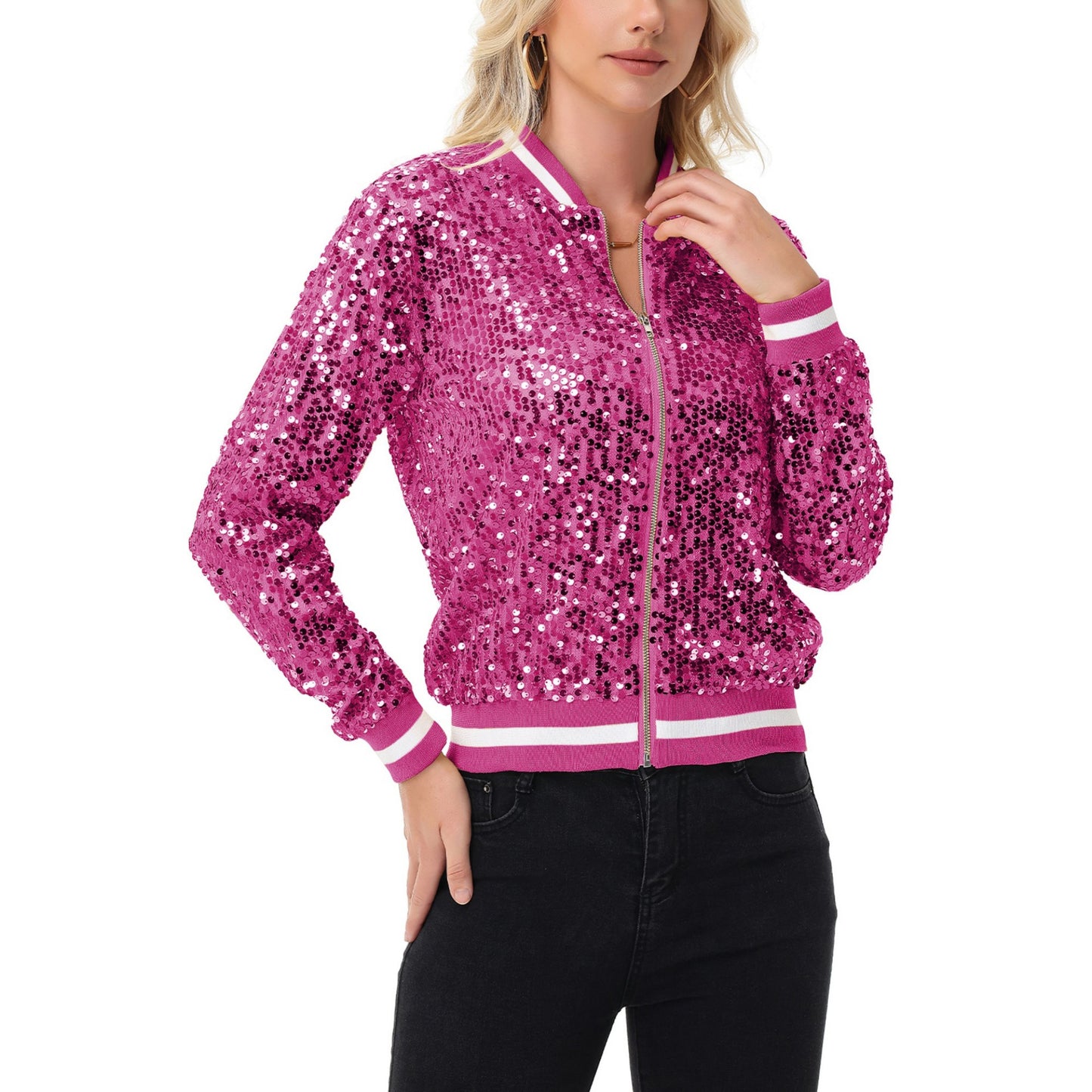 Sequin Bomber Jacket with Ribbed Trim and Front Zipper Closure