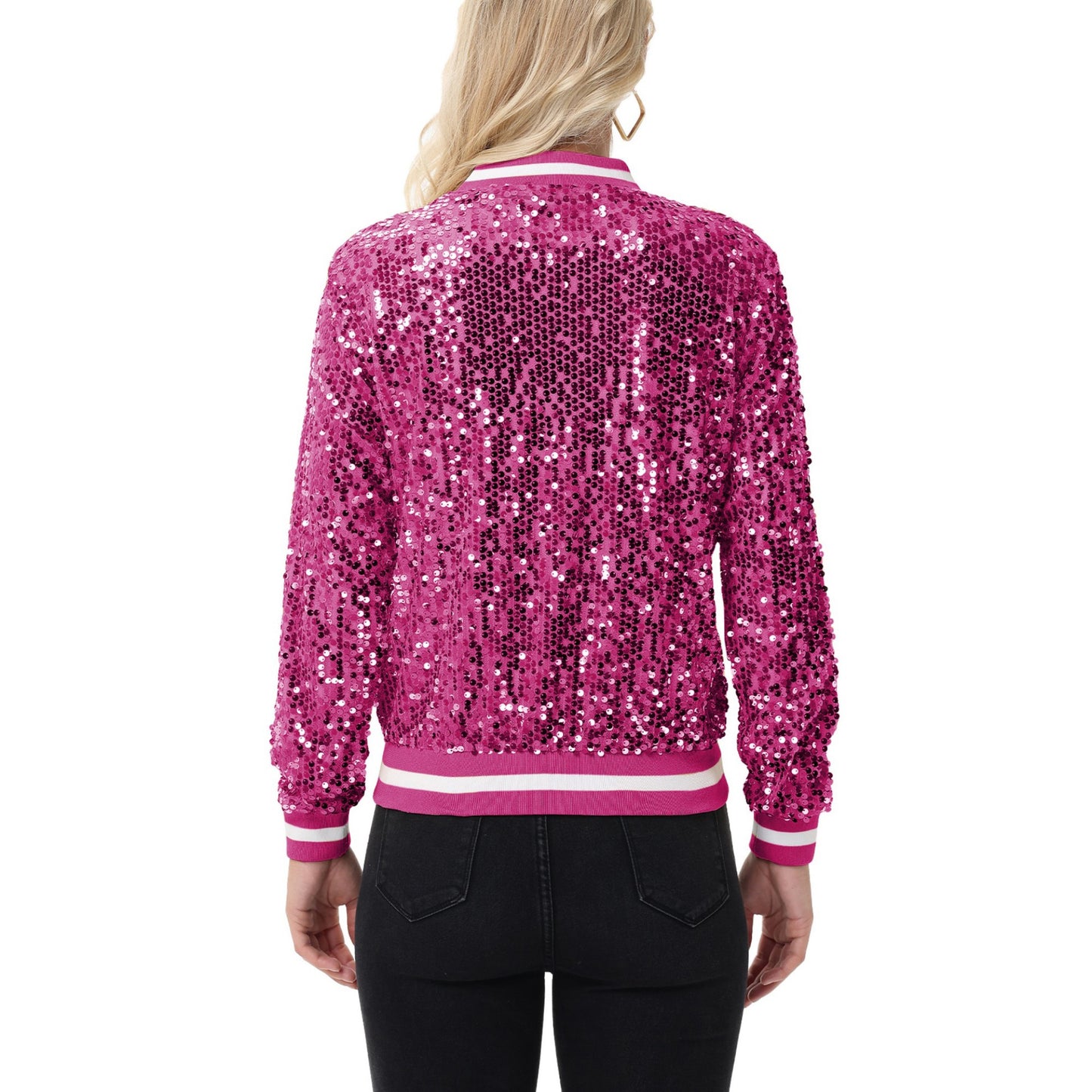 Sequin Bomber Jacket with Ribbed Trim and Front Zipper Closure
