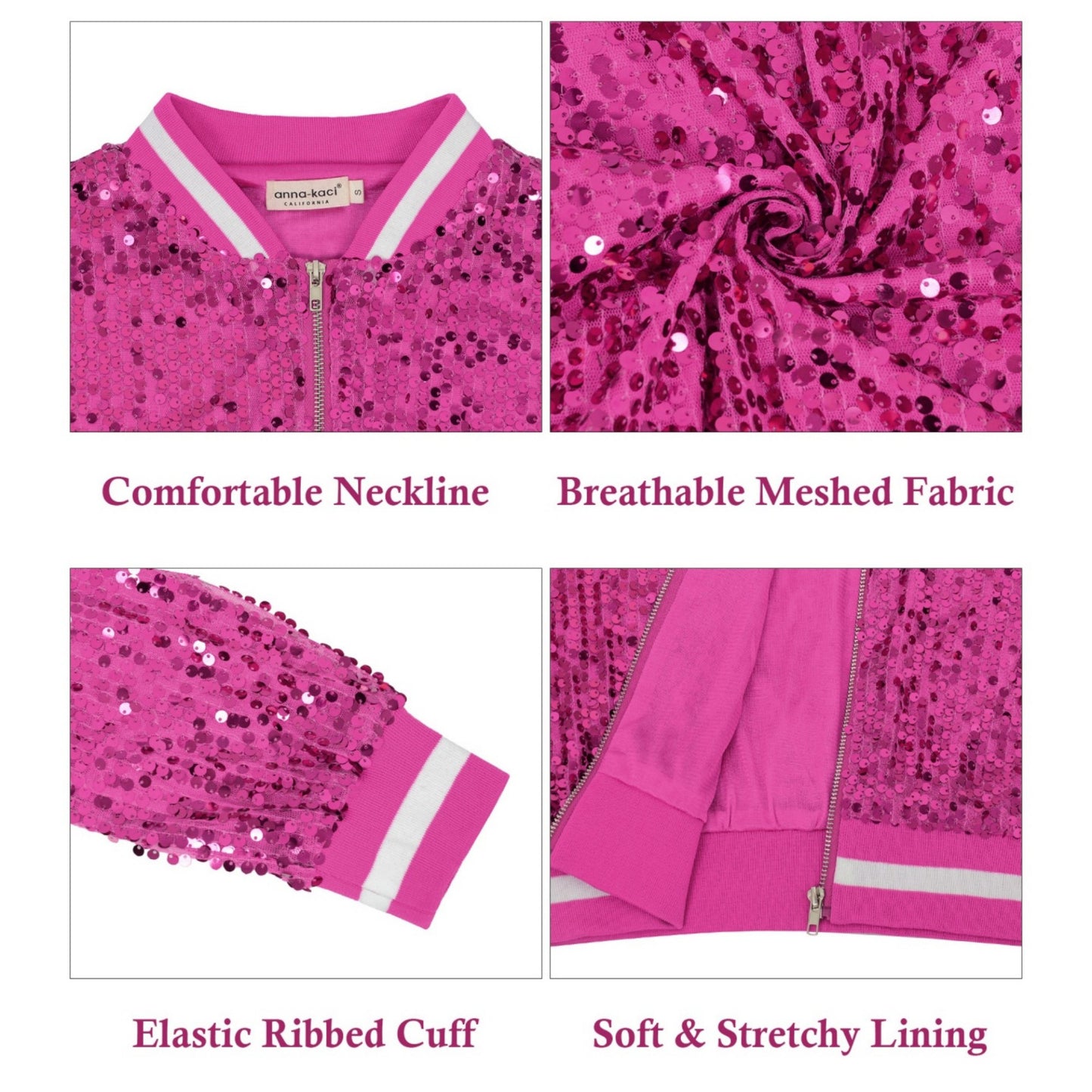 Sequin Bomber Jacket with Ribbed Trim and Front Zipper Closure