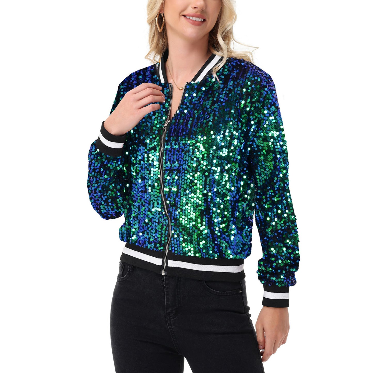 Sequin Bomber Jacket with Ribbed Trim and Front Zipper Closure