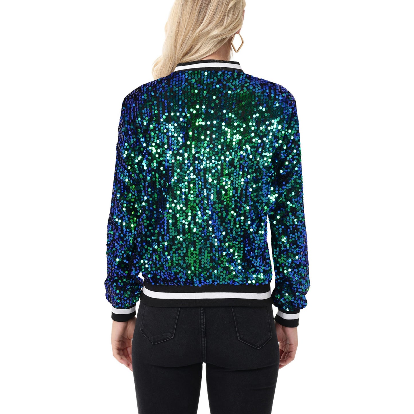 Sequin Bomber Jacket with Ribbed Trim and Front Zipper Closure