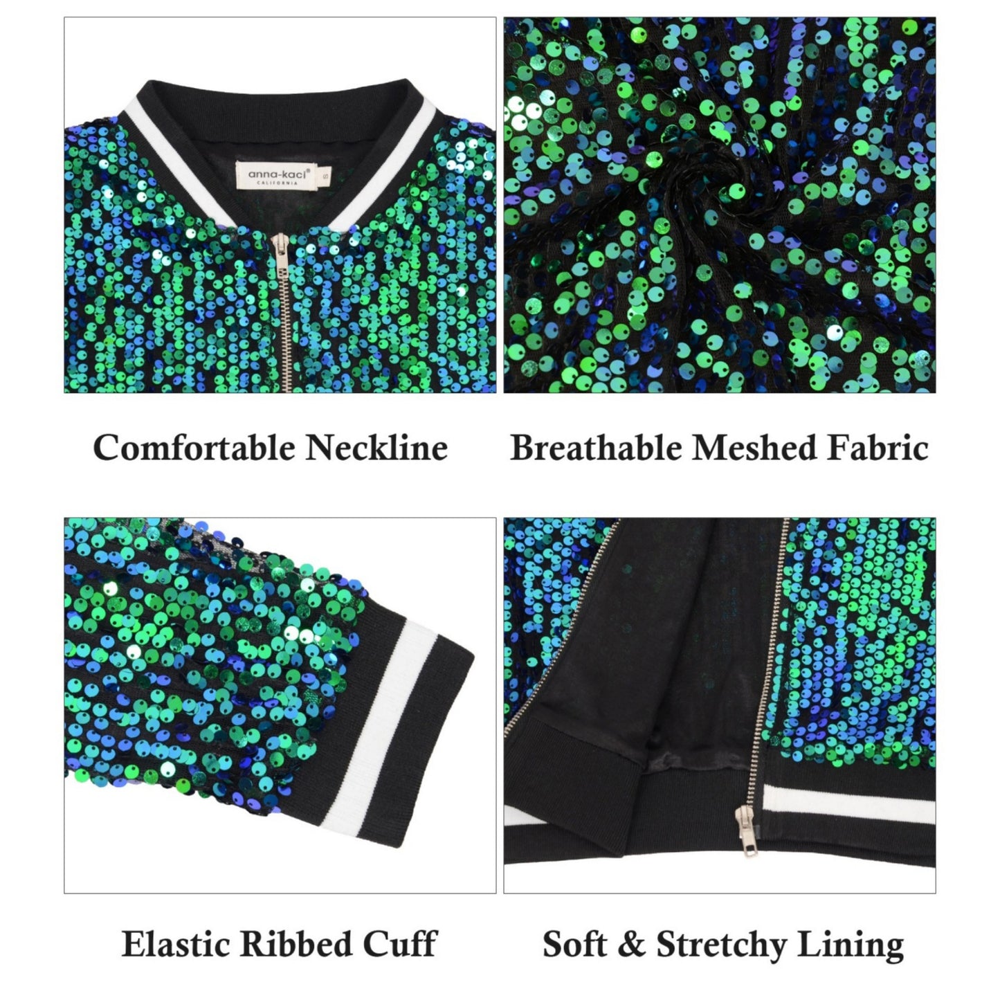 Sequin Bomber Jacket with Ribbed Trim and Front Zipper Closure