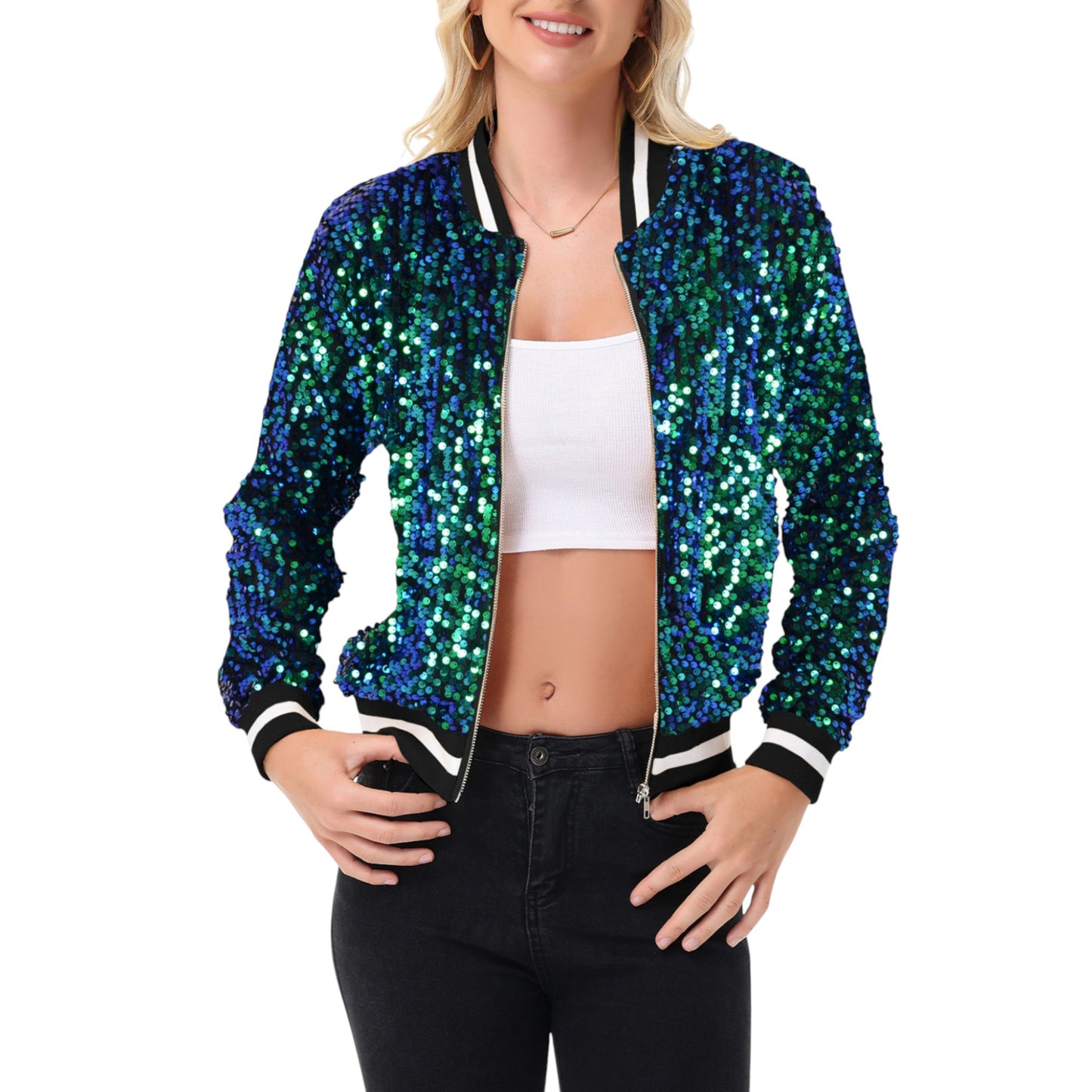 Sequin Bomber Jacket with Ribbed Trim and Front Zipper Closure