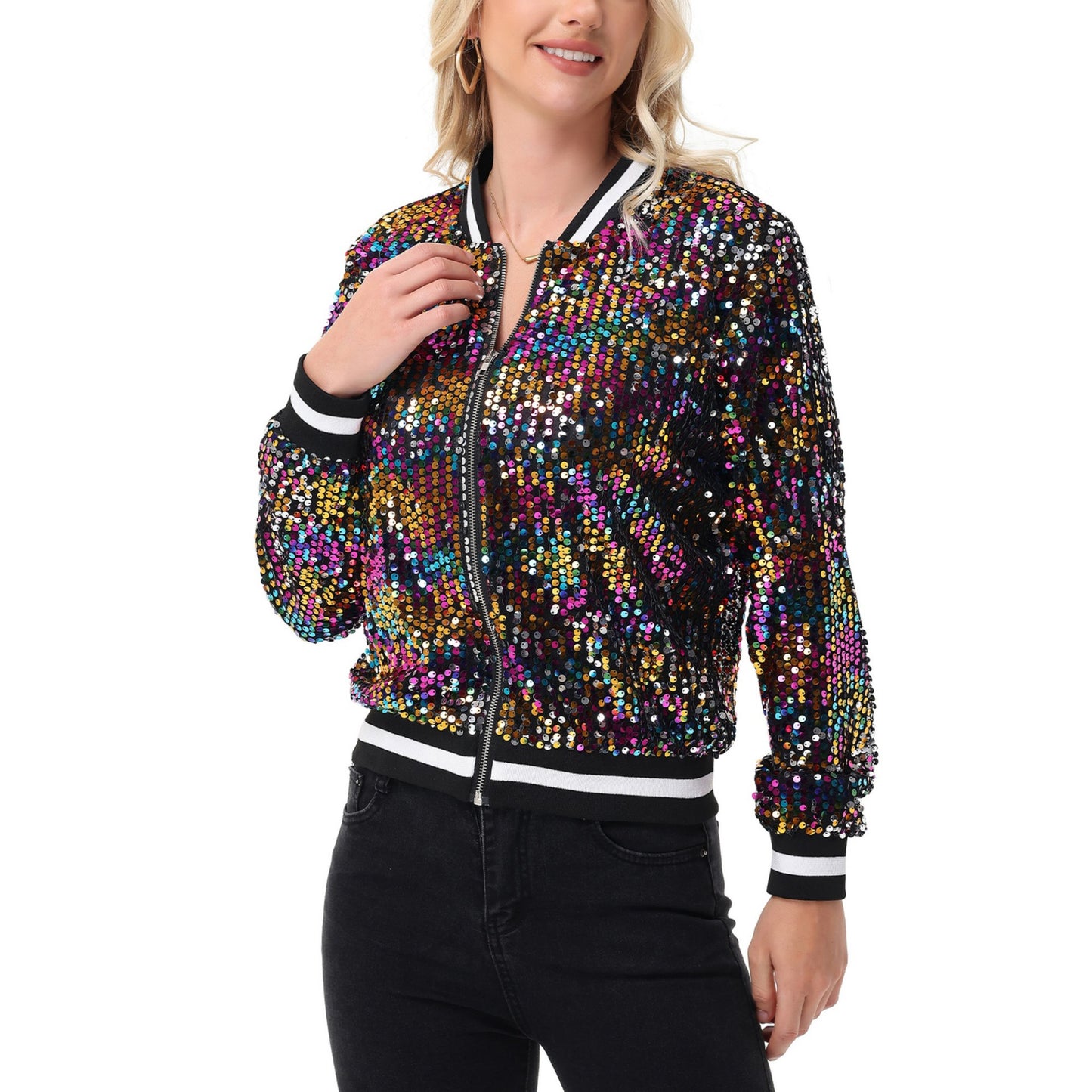 Sequin Bomber Jacket with Ribbed Trim and Front Zipper Closure