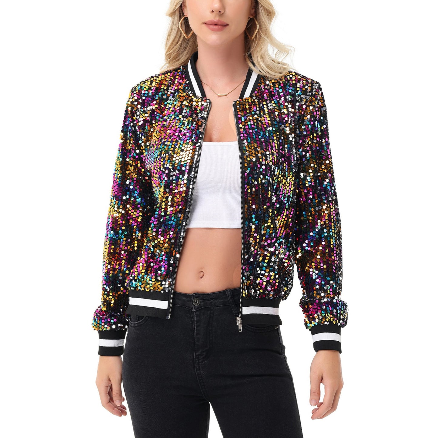 Sequin Bomber Jacket with Ribbed Trim and Front Zipper Closure