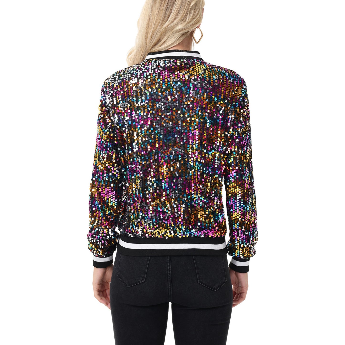 Sequin Bomber Jacket with Ribbed Trim and Front Zipper Closure