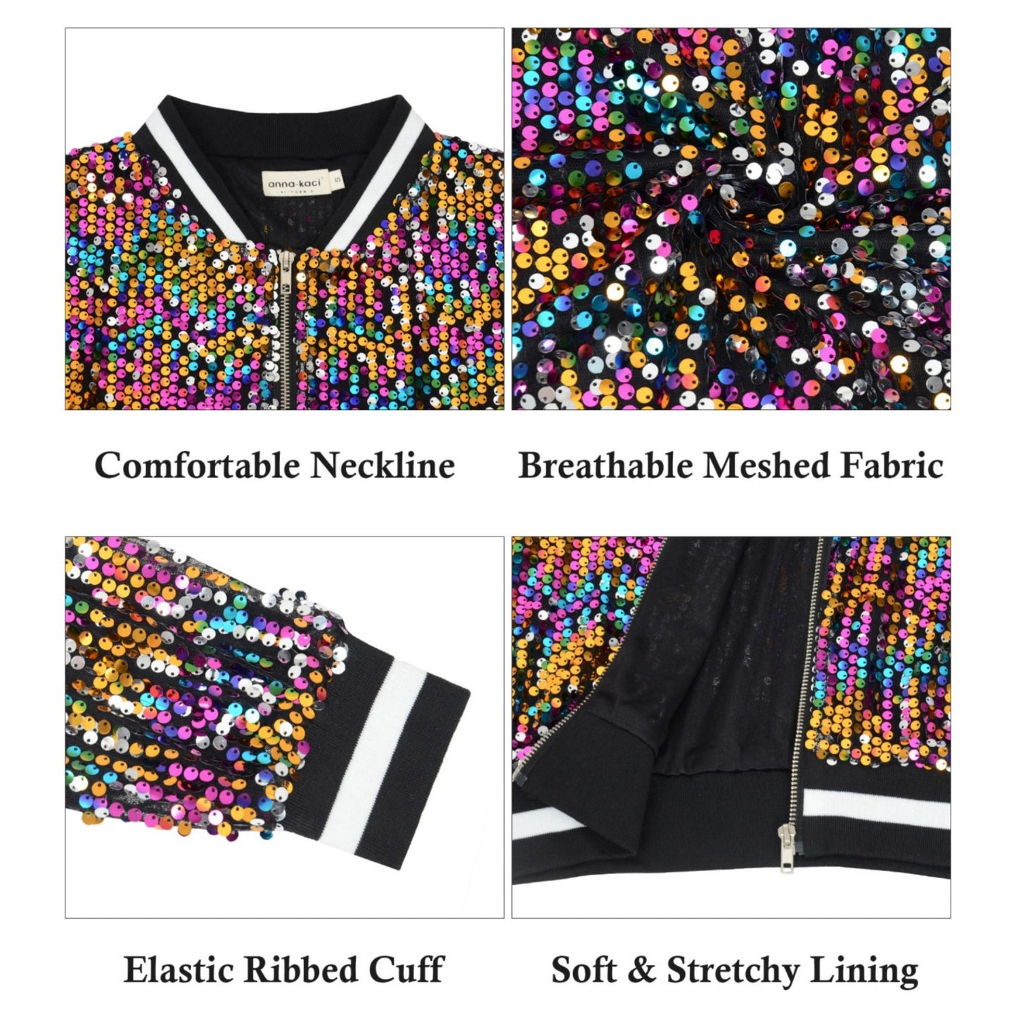 Sequin Bomber Jacket with Ribbed Trim and Front Zipper Closure