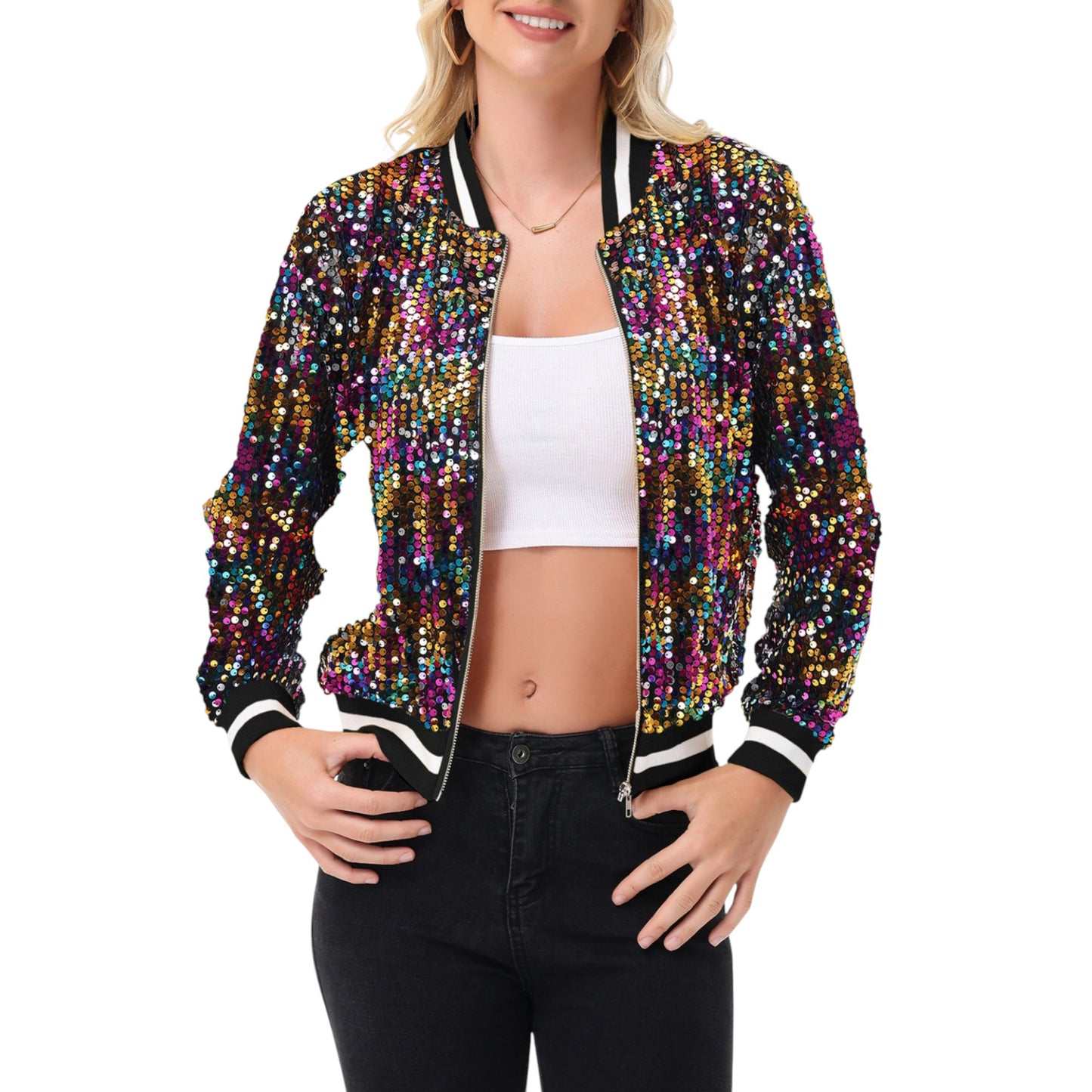 Sequin Bomber Jacket with Ribbed Trim and Front Zipper Closure