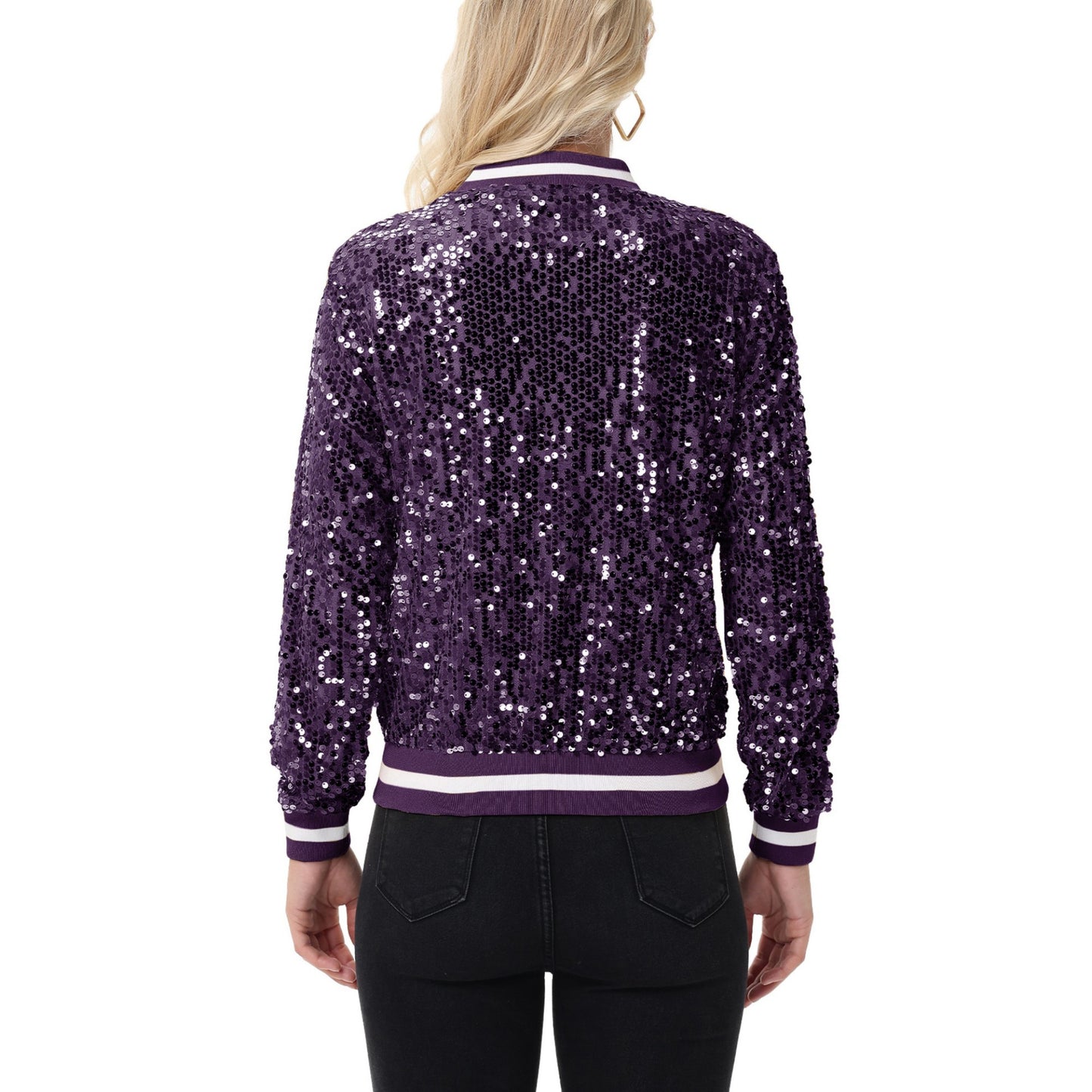Sequin Bomber Jacket with Ribbed Trim and Front Zipper Closure