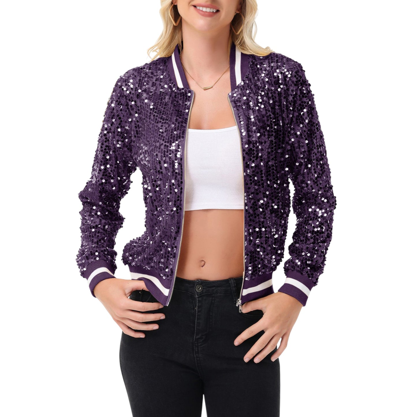 Sequin Bomber Jacket with Ribbed Trim and Front Zipper Closure