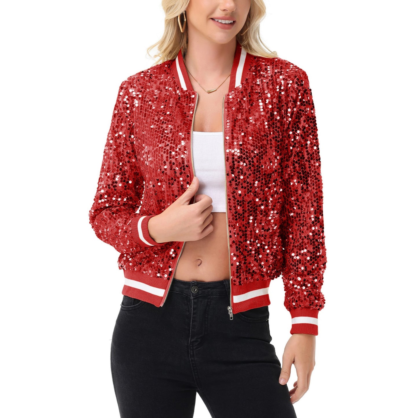 Sequin Bomber Jacket with Ribbed Trim and Front Zipper Closure