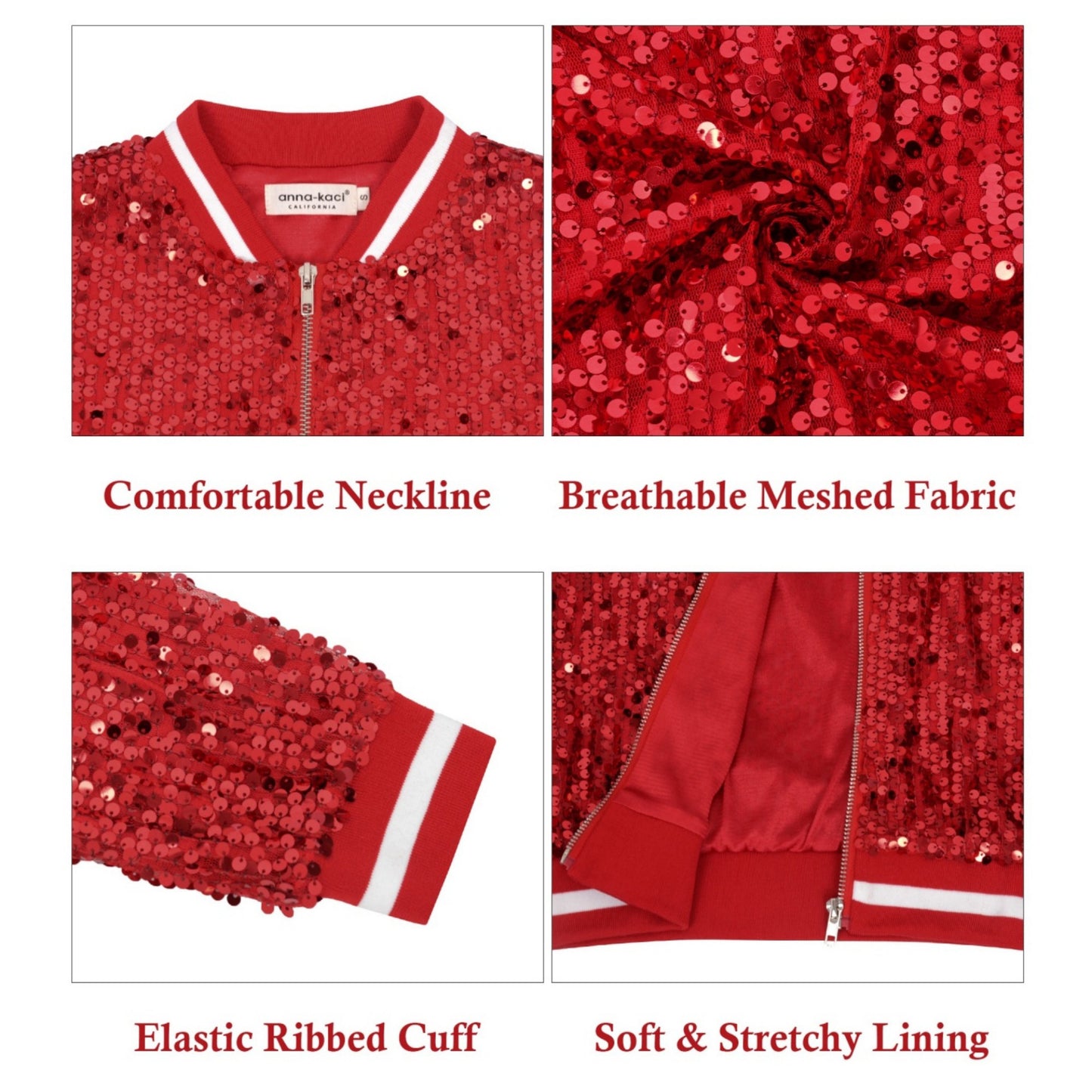 Sequin Bomber Jacket with Ribbed Trim and Front Zipper Closure