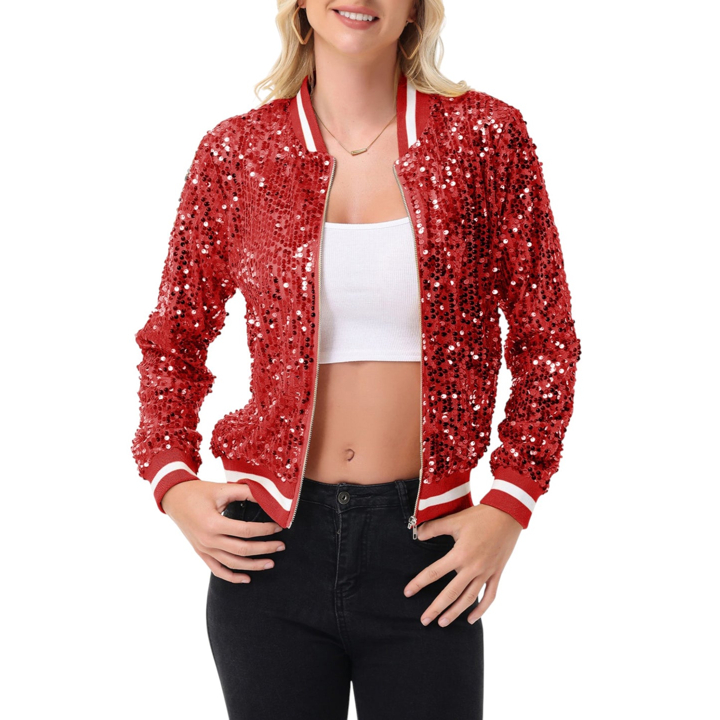 Sequin Bomber Jacket with Ribbed Trim and Front Zipper Closure
