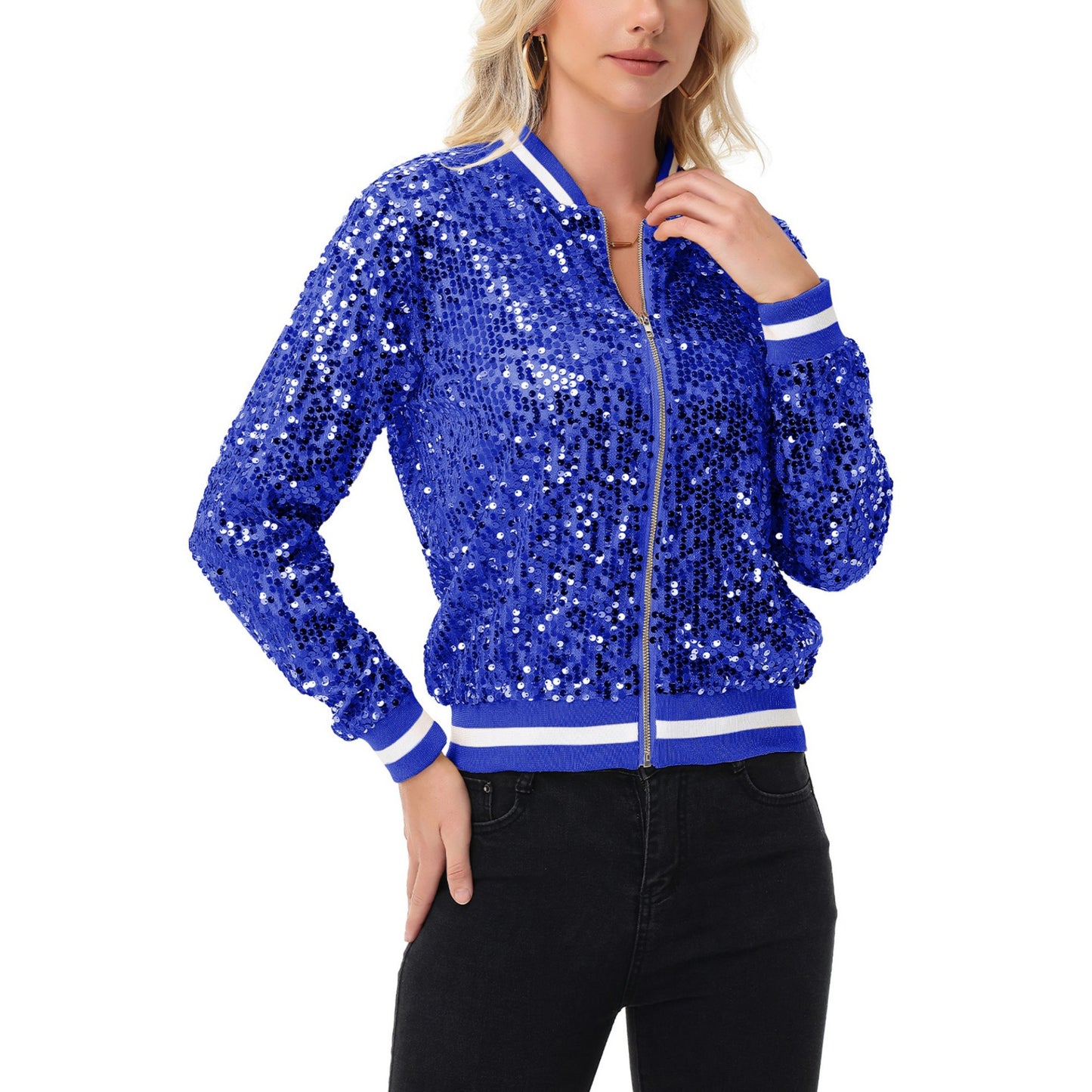 Sequin Bomber Jacket with Ribbed Trim and Front Zipper Closure