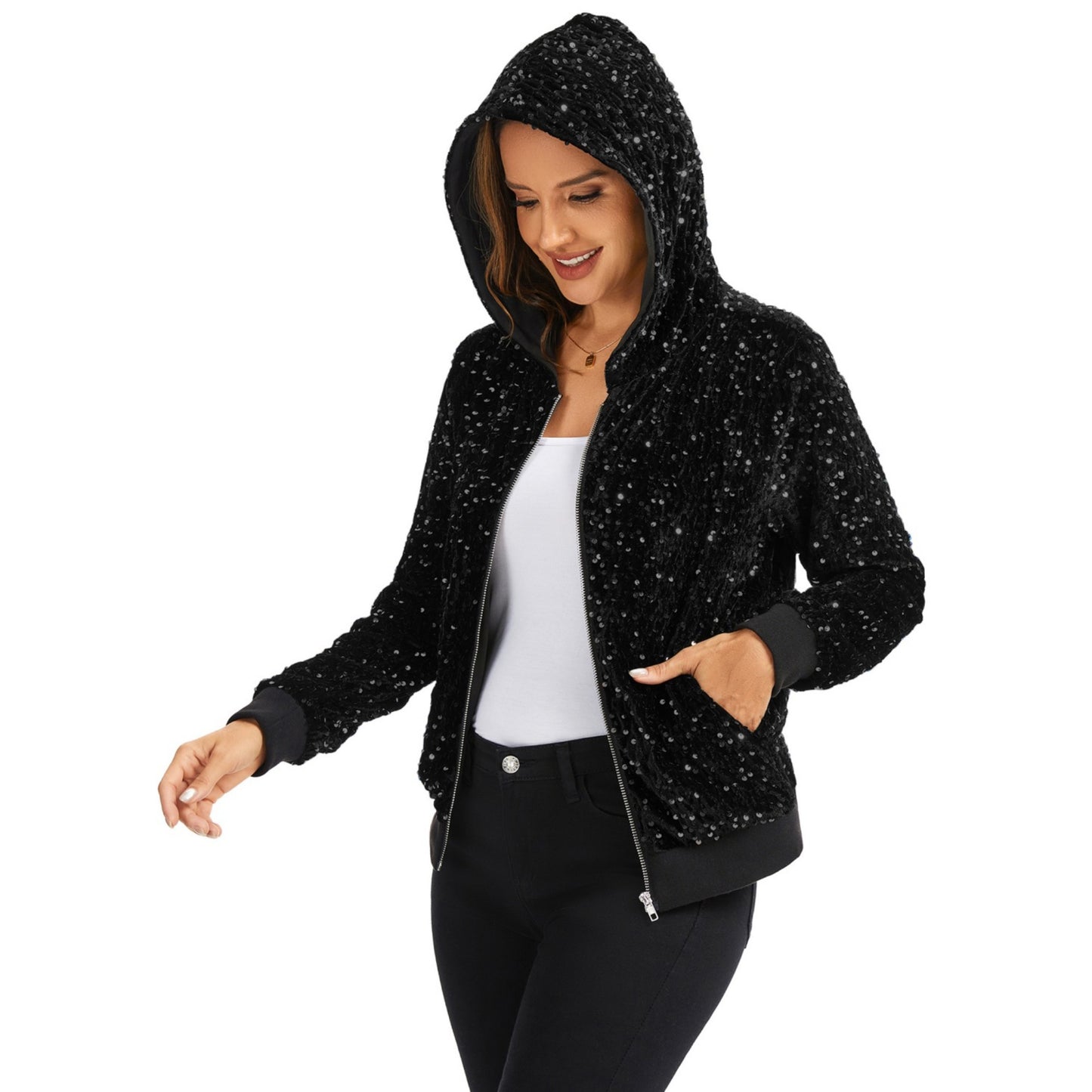 Hooded Sequin Jacket with Front Zipper Closure and Ribbed Trim