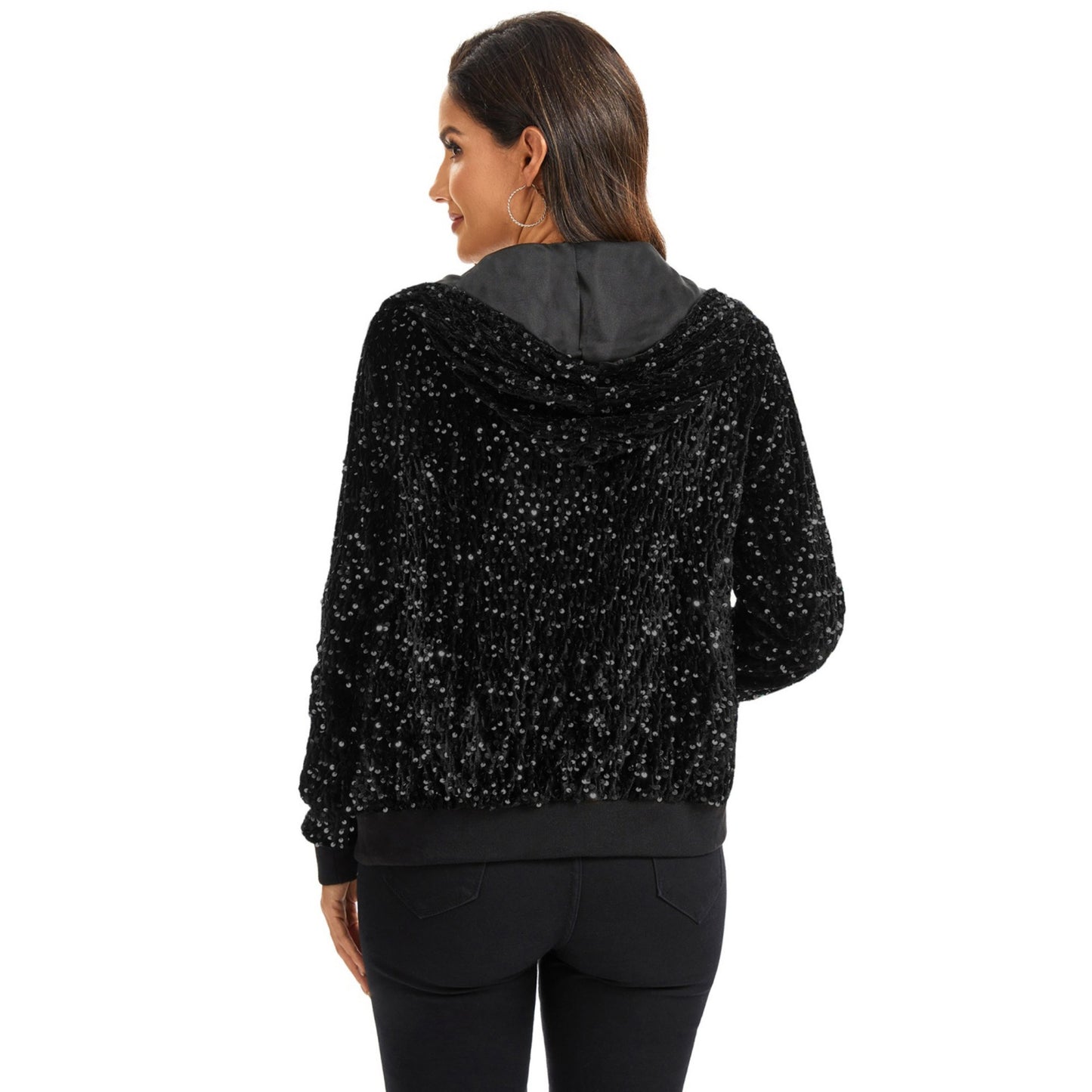 Hooded Sequin Jacket with Front Zipper Closure and Ribbed Trim