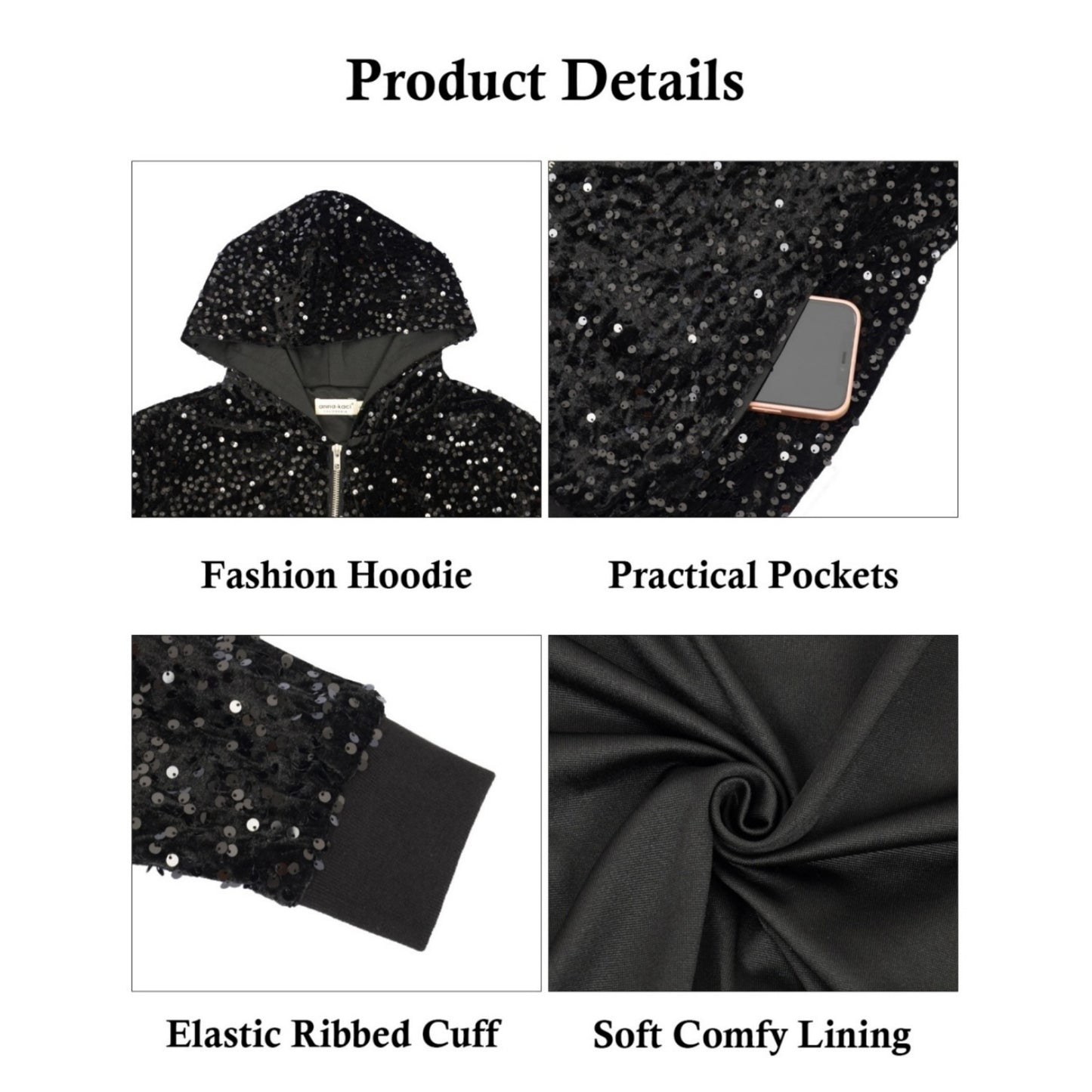 Hooded Sequin Jacket with Front Zipper Closure and Ribbed Trim