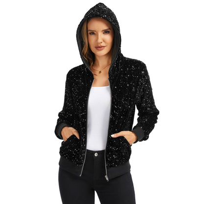 Hooded Sequin Jacket with Front Zipper Closure and Ribbed Trim