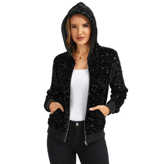 Hooded Sequin Jacket with Front Zipper Closure and Ribbed Trim