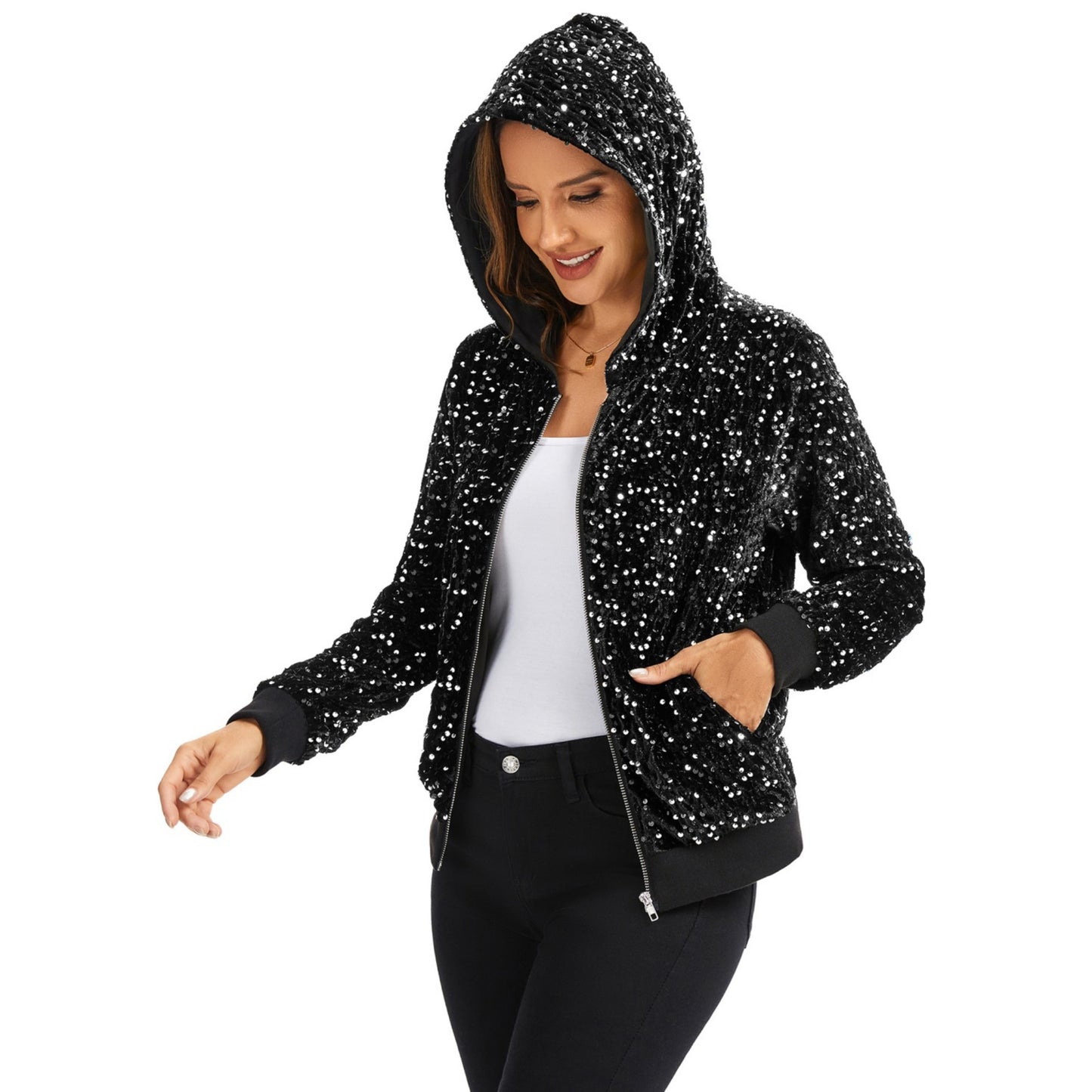 Hooded Sequin Jacket with Front Zipper Closure and Ribbed Trim